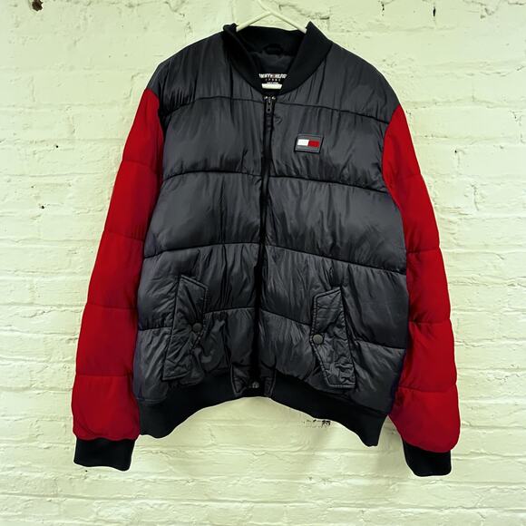 Tommy Hilfiger Jacket Mens XL Navy Red PrimaLoft Puffer Bomber Zip Up Colorblock - Picture 1 of 15